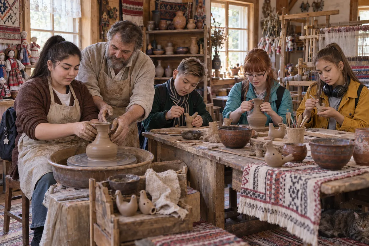 Иллюстрация школьников на мастер-классе гончарства