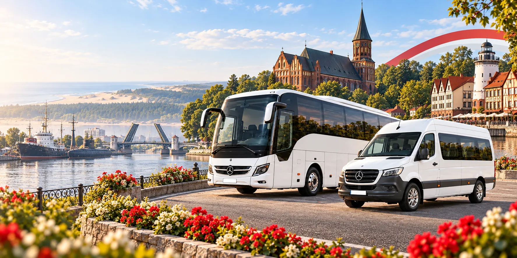 Автобус Mercedes-Benz и микроавтобус Sprinter на улице Калининграда у Кафедрального собора