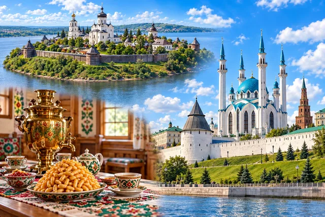 Коллаж: остров-град Свияжск на реке, чаепитие с самоваром и чак-чаком, мечеть Кул-Шариф и стены Кремля