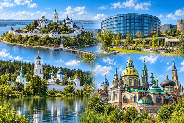 Коллаж: остров-град Свияжск, современное здание Иннополиса, Раифский монастырь у озера и Храм всех религий