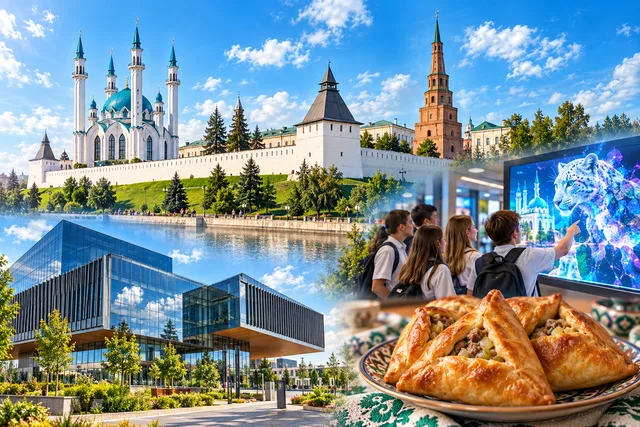 Коллаж: Кул-Шариф, Кремль и башня Сююмбике, стеклянное здание ИТ-парка, школьники у интерактивного экрана и эчпочмаки