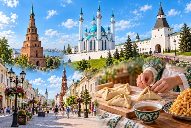 Коллаж: башня Сююмбике, мечеть Кул-Шариф и стены Казанского Кремля, улица Баумана, эчпочмаки и чак-чак к чаю