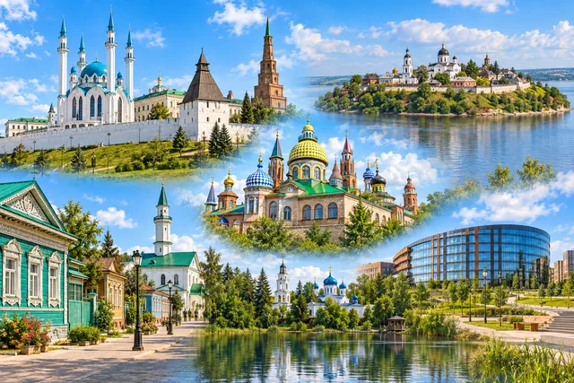 Коллаж: Казанский Кремль с Кул-Шарифом и Сююмбике, остров-град Свияжск, Храм всех религий, Старо-Татарская слобода, Раифский монастырь и Иннополис