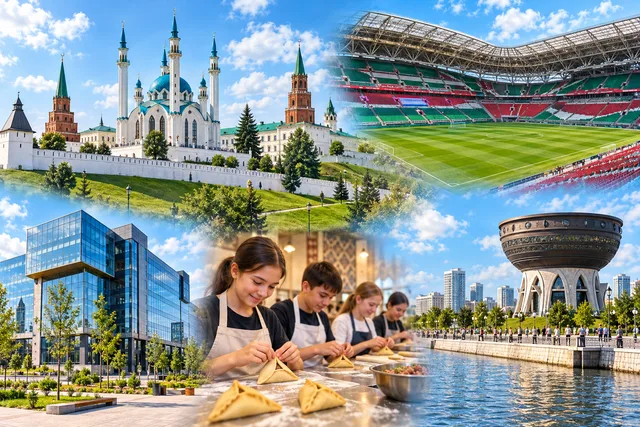 Коллаж: Казанский Кремль, трибуны и поле «Ак Барс Арены», здание ИТ-парка, школьники лепят эчпочмаки, набережная с Центром семьи «Казан»