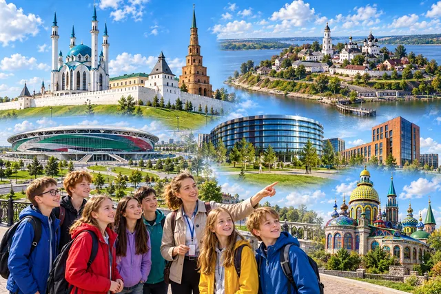 Коллаж: Казанский Кремль, остров-град Свияжск, «Ак Барс Арена», Иннополис, Храм всех религий и школьники с экскурсоводом