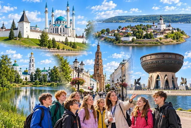 Коллаж: Кремль с Кул-Шарифом, остров-град Свияжск, улица Баумана, Центр семьи «Казан» и школьники с экскурсоводом