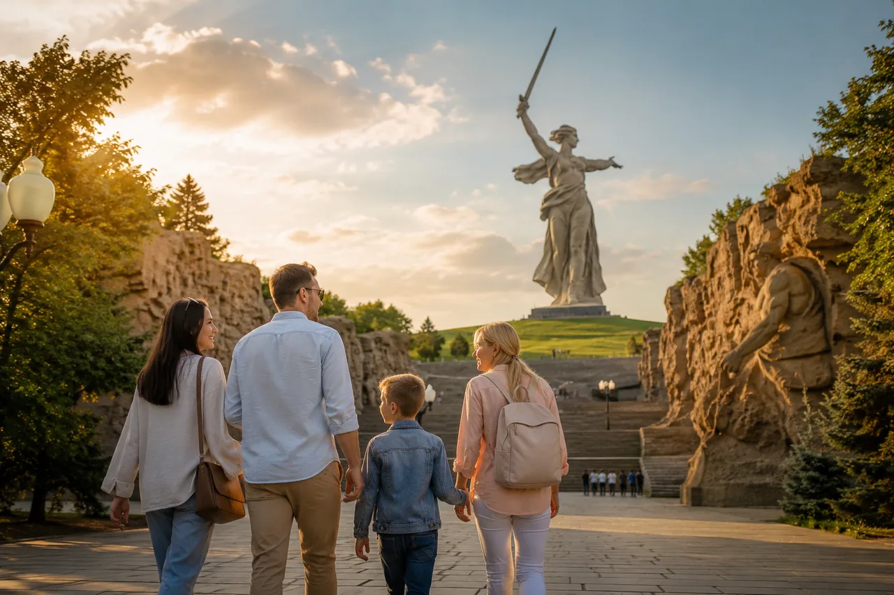 Семья с ребёнком идёт к «Родине-матери» на Мамаевом кургане