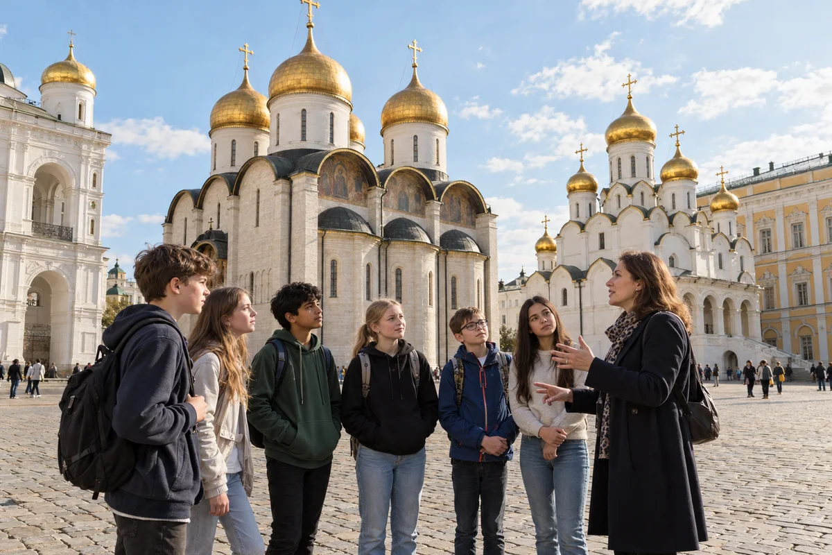 Иллюстрация школьной экскурсии на Соборной площади Московского Кремля