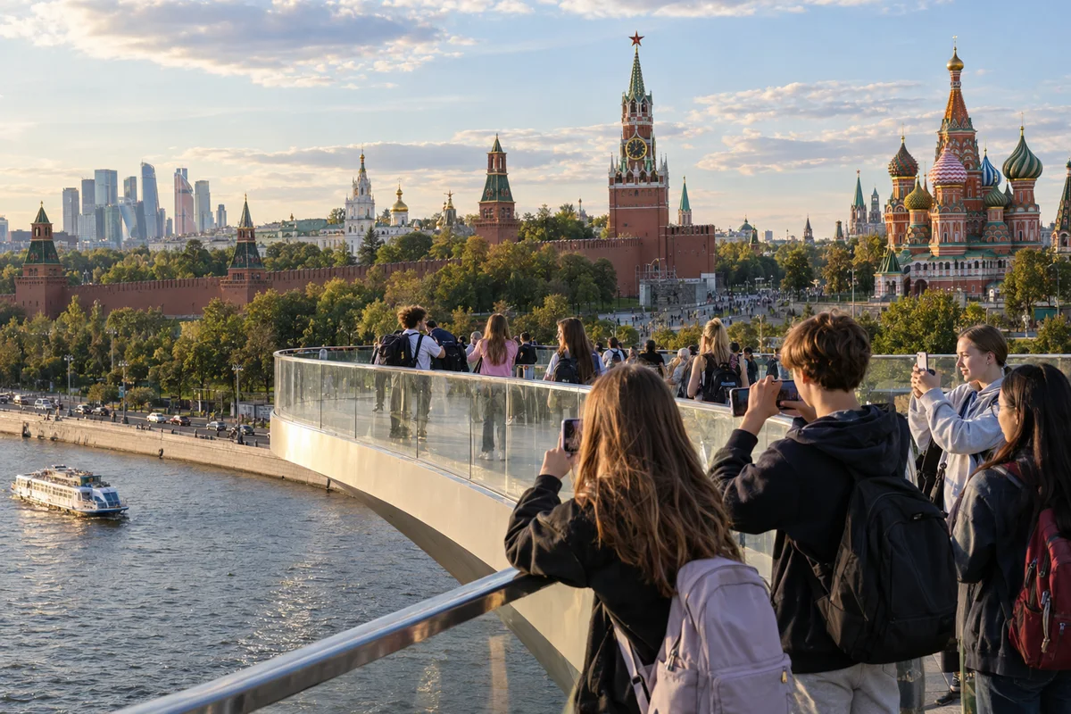 Сгенерированная иллюстрация парка «Зарядье» и Парящего моста над Москвой-рекой
