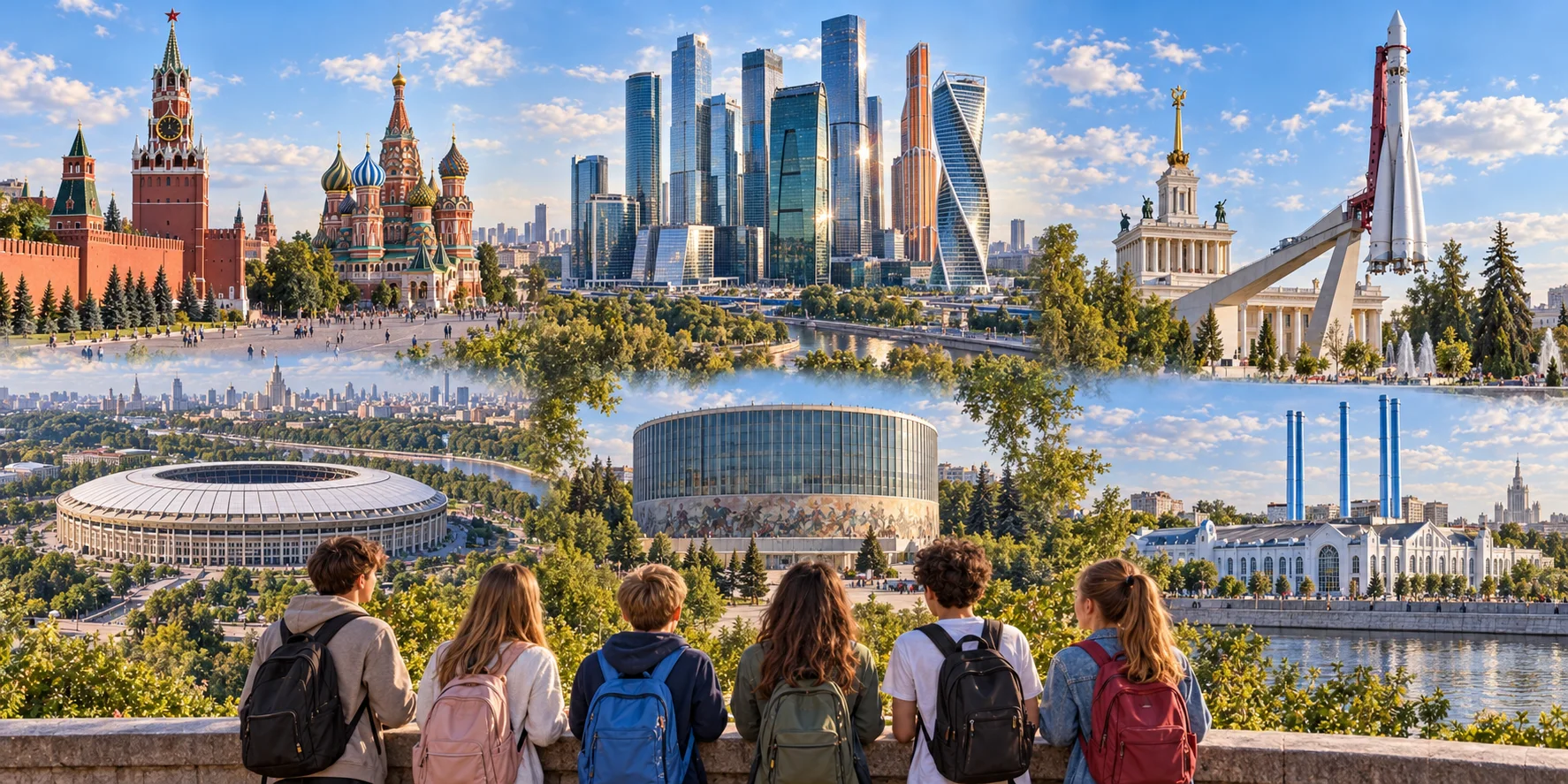 Художественный коллаж: Кремль и Красная площадь, Москва-Сити, ракета на ВДНХ, Лужники, музей-панорама «Бородинская битва», ГЭС-2
