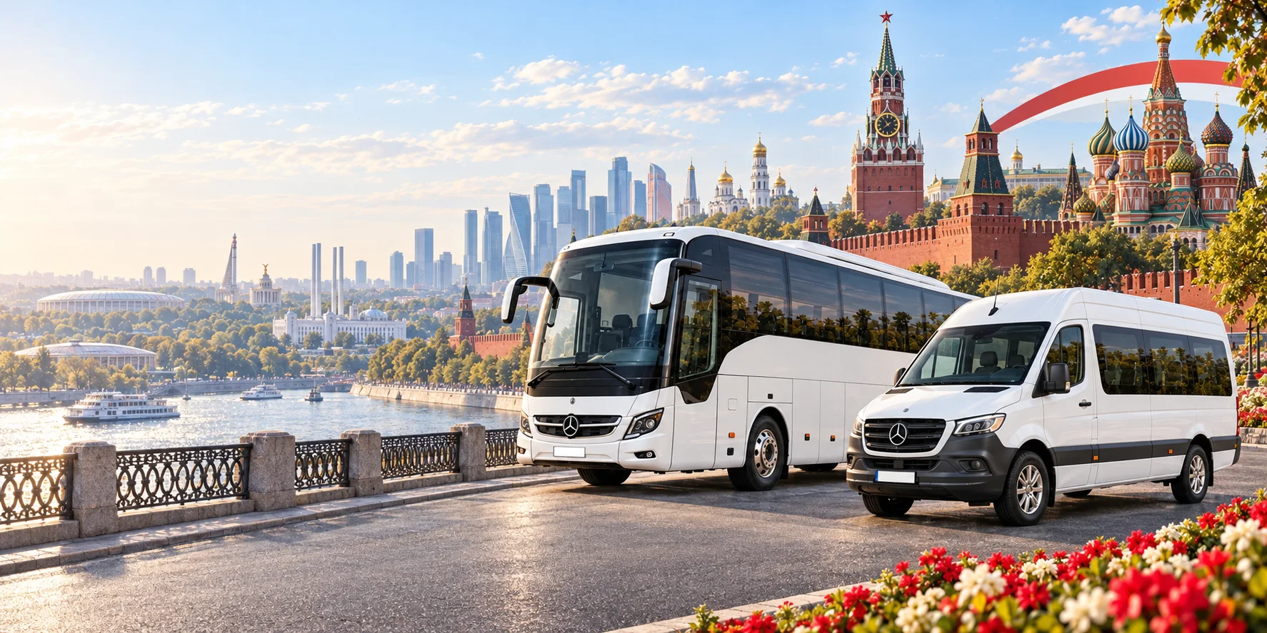 Автобус Mercedes-Benz и микроавтобус Sprinter на набережной Москвы, за рекой Кремль