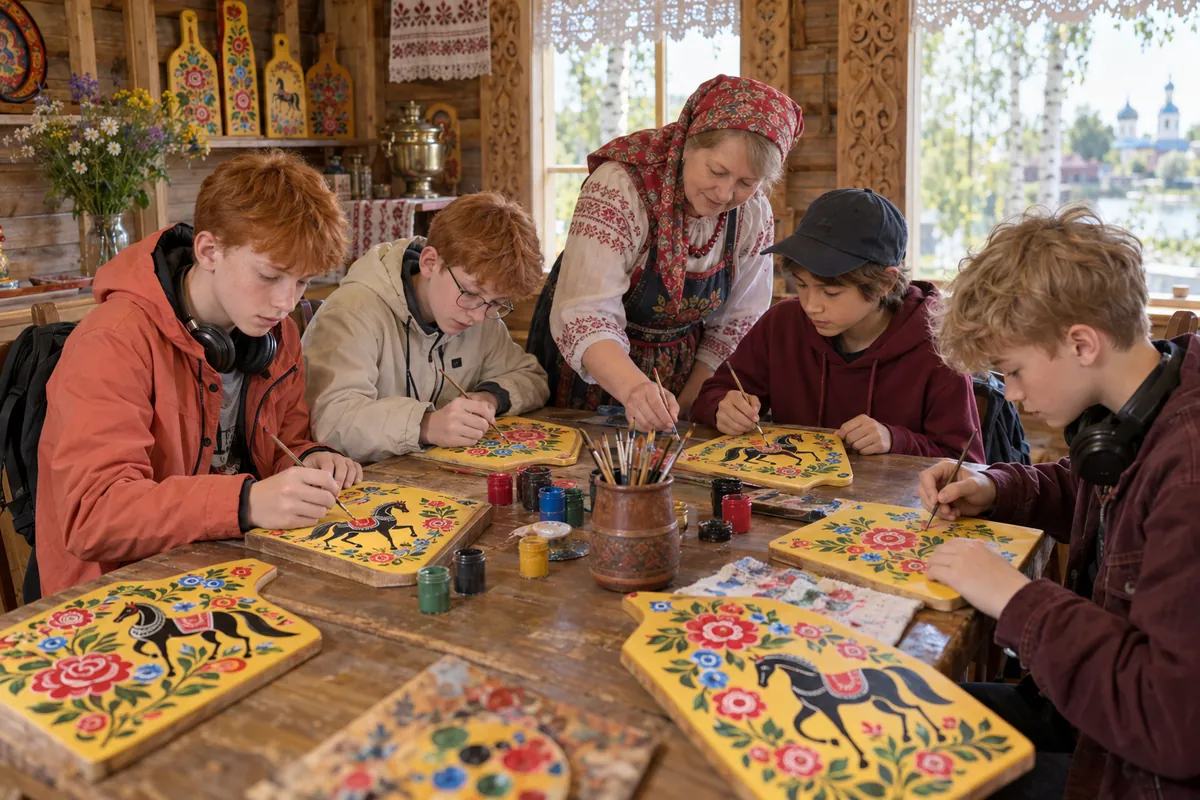 Иллюстрация школьников на мастер-классе городецкой росписи