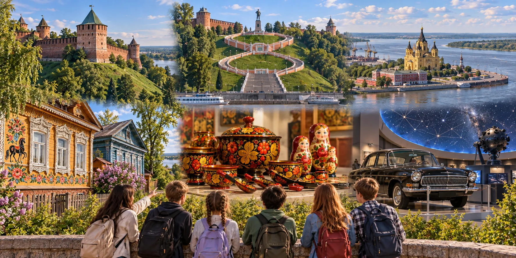 Художественный коллаж: Нижегородский кремль, Чкаловская лестница и Волга, Стрелка, Городец, хохлома Семёнова, музей ГАЗ и планетарий