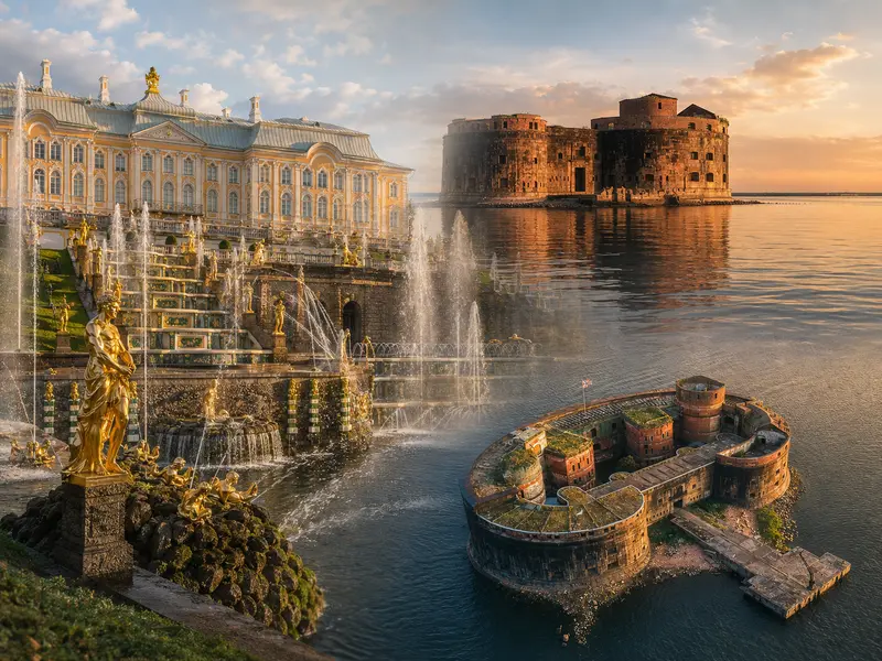 Большой каскад Петергофа и морские форты Кронштадта