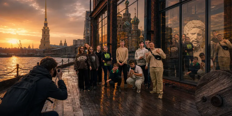 Фотограф снимает класс на набережной на фоне Петропавловской крепости