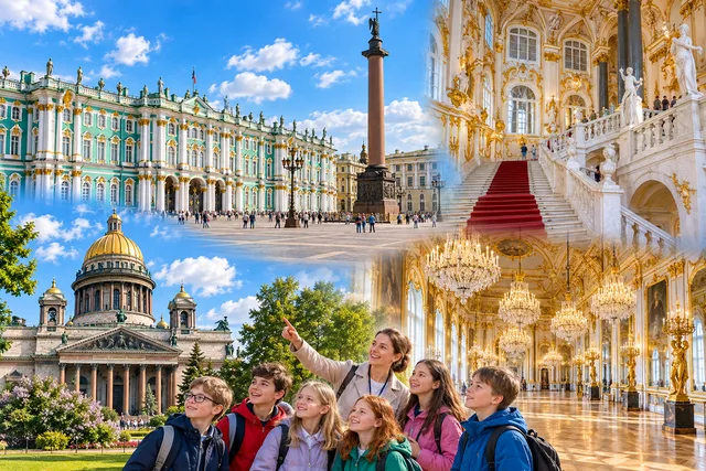 Коллаж: школьники с гидом у Исаакиевского собора, Зимний дворец, Иорданская лестница и залы Эрмитажа