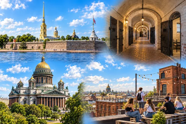 Коллаж: Петропавловская крепость, коридор тюрьмы Трубецкого бастиона, Исаакиевский собор и ребята на крыше лофта