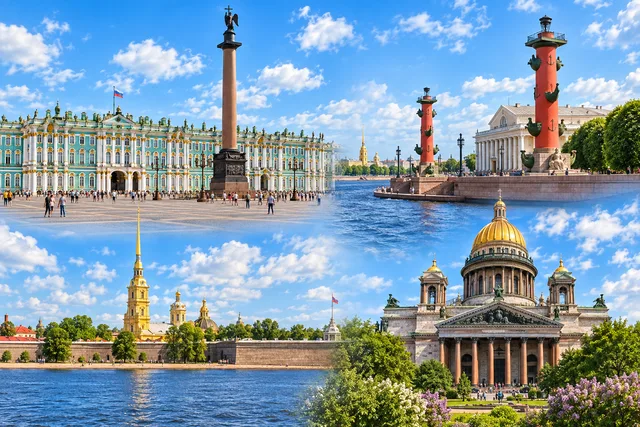 Коллаж: Дворцовая площадь и Зимний дворец, Ростральные колонны на Стрелке Васильевского острова, Петропавловская крепость и Исаакиевский собор
