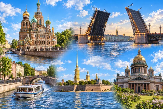 Коллаж: теплоход на канале, Спас на Крови, разведённый мост, Петропавловская крепость и Исаакиевский собор