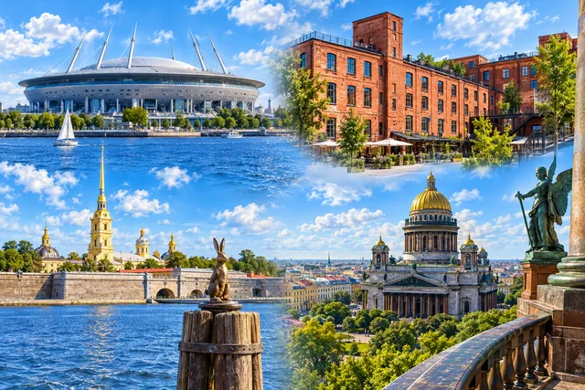 Коллаж: стадион «Газпром Арена», кирпичный лофт «Этажи», Петропавловская крепость и Исаакиевский собор