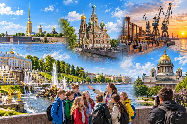 Коллаж: класс с гидом и фотографом, Петропавловская крепость, Спас на Крови, Севкабель Порт, Петергоф и Исаакиевский собор