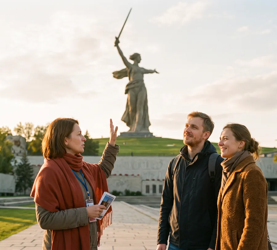 Ein Guide erzählt einem Paar vom Monument „Mutter Heimat ruft!“ auf dem Mamajew-Hügel