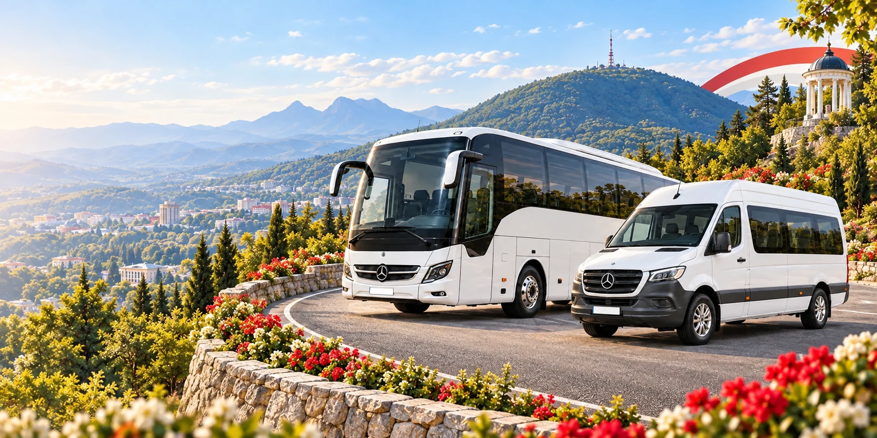 Автобус Mercedes-Benz и микроавтобус Mercedes-Benz Sprinter вместе в художественной сцене путешествия по Кавминводам