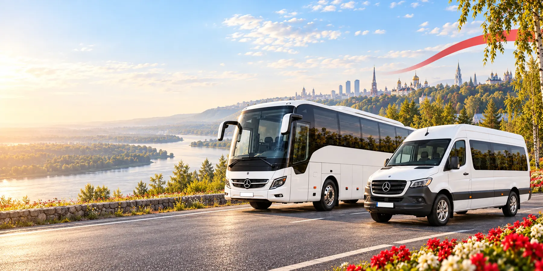 Туристический автобус и микроавтобус Mercedes-Benz на дороге вдоль реки
