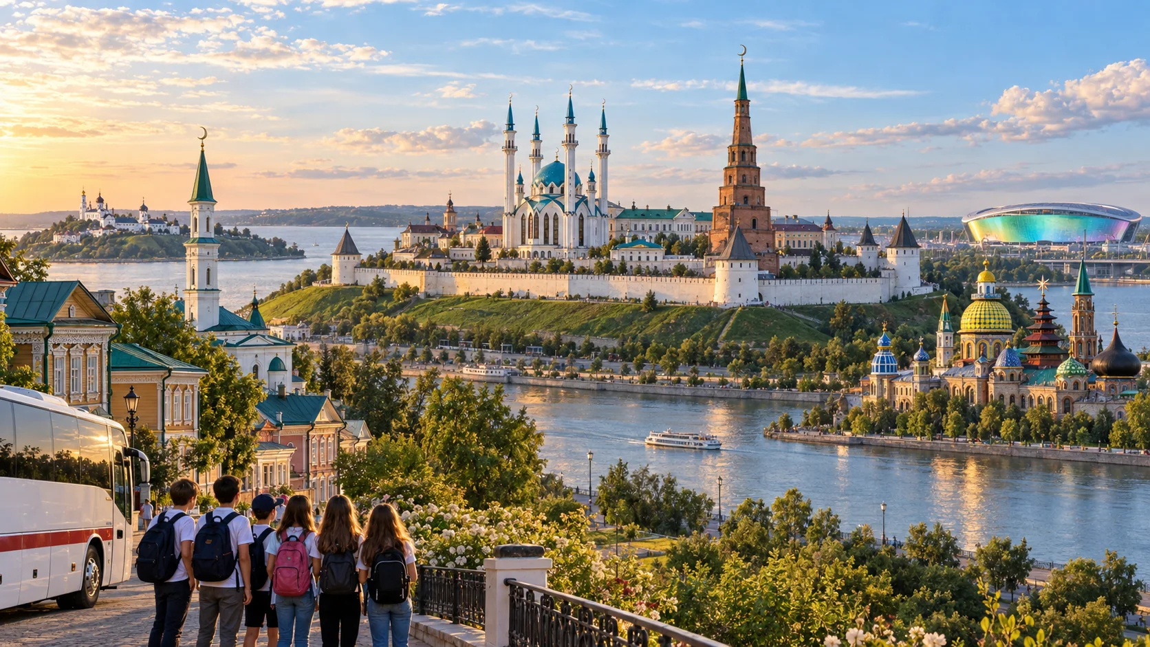 Школьники смотрят на Казань: Кремль и мечеть Кул-Шариф, башня Сююмбике, Старо-Татарская слобода, остров-град Свияжск, Храм всех религий и «Ак Барс Арена»