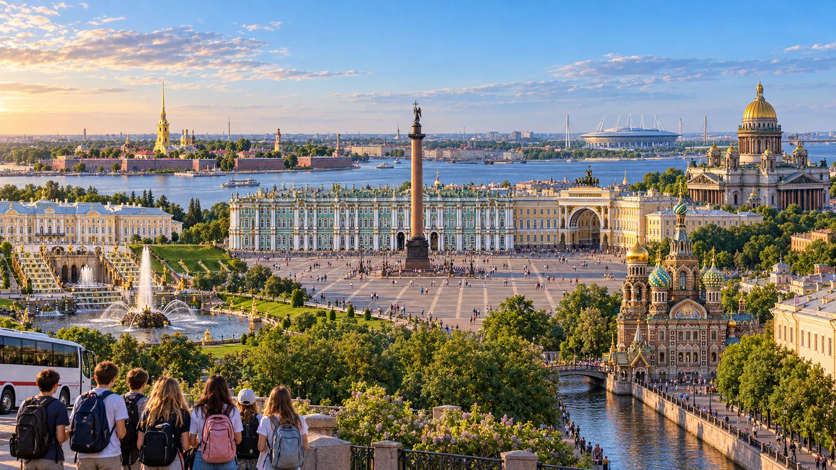 Школьники смотрят на Петербург: Дворцовая площадь, Петропавловская крепость, Исаакиевский собор, Спас на Крови, Большой каскад Петергофа и «Газпром Арена»