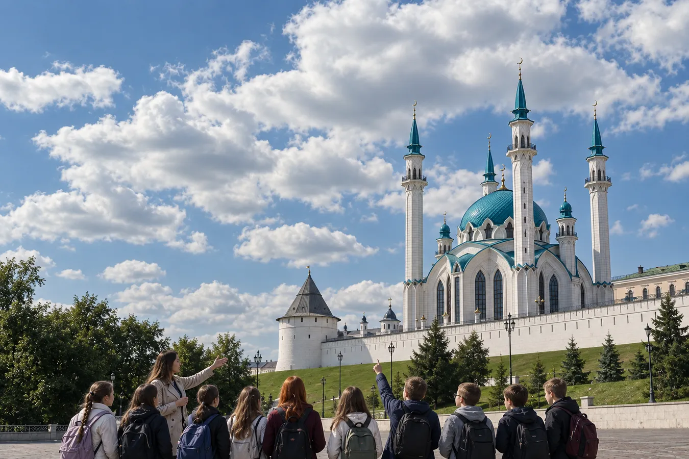 Школьники с экскурсоводом у мечети Кул-Шариф в Казанском Кремле