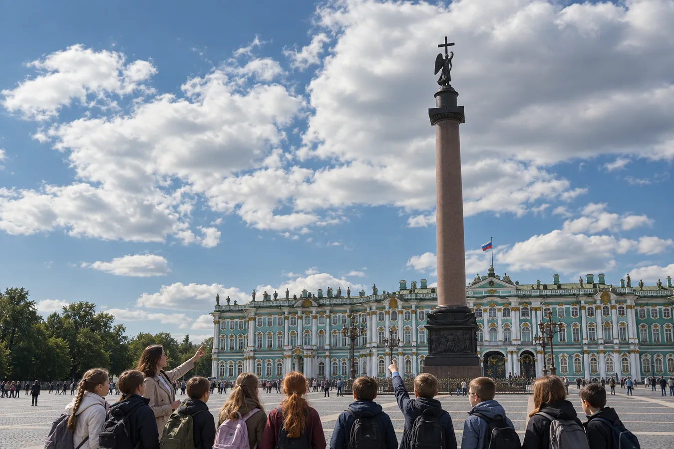 Школьники с экскурсоводом на Дворцовой площади в Петербурге
