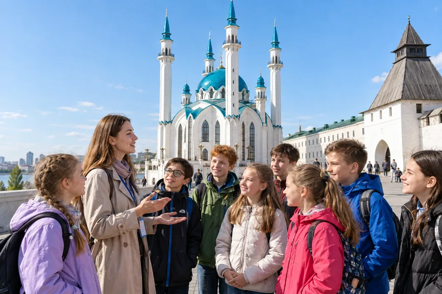 Школьники с экскурсоводом у мечети Кул-Шариф в Казанском Кремле