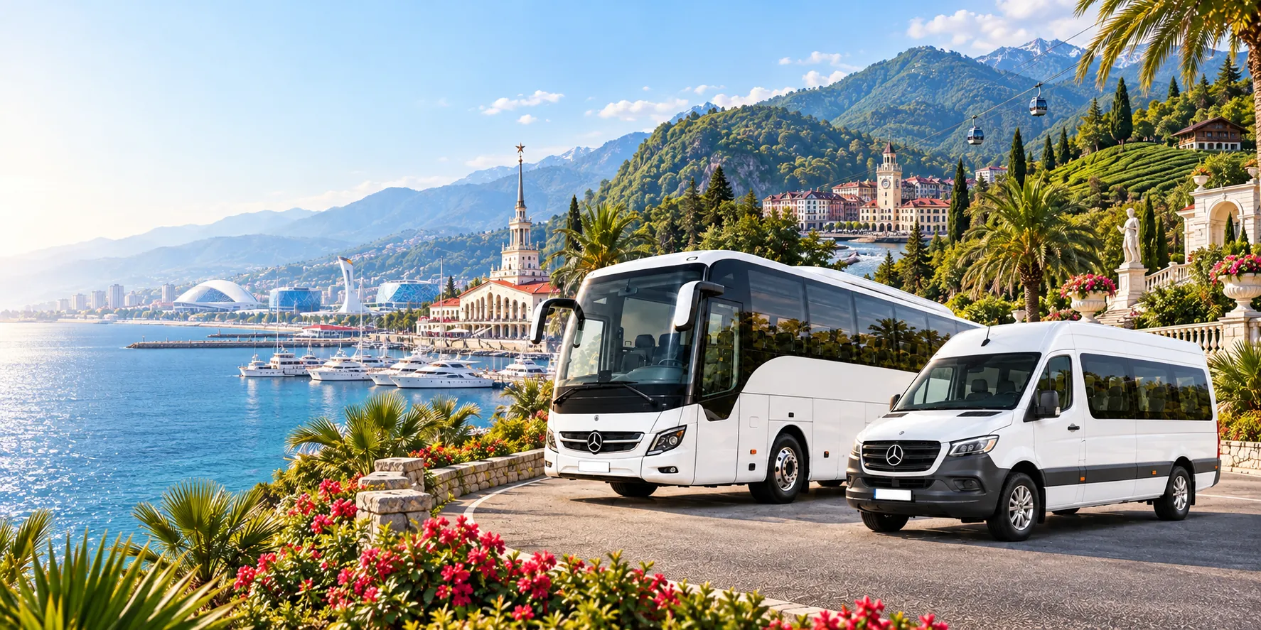 Автобус Mercedes-Benz и микроавтобус Sprinter на дороге у моря, за ними горы Сочи