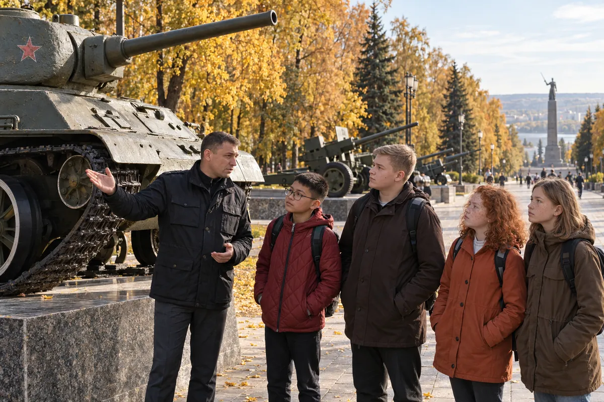 Иллюстрация школьников у военной техники в парке Победы