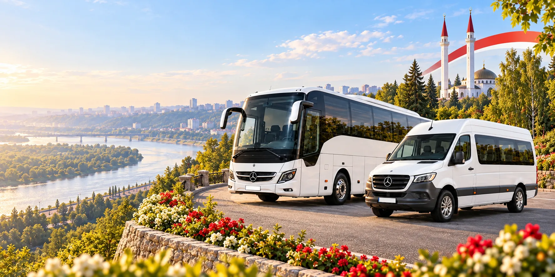 Автобус Mercedes-Benz и микроавтобус Sprinter на дороге над рекой Белой, вдали мечеть «Ляля-Тюльпан»