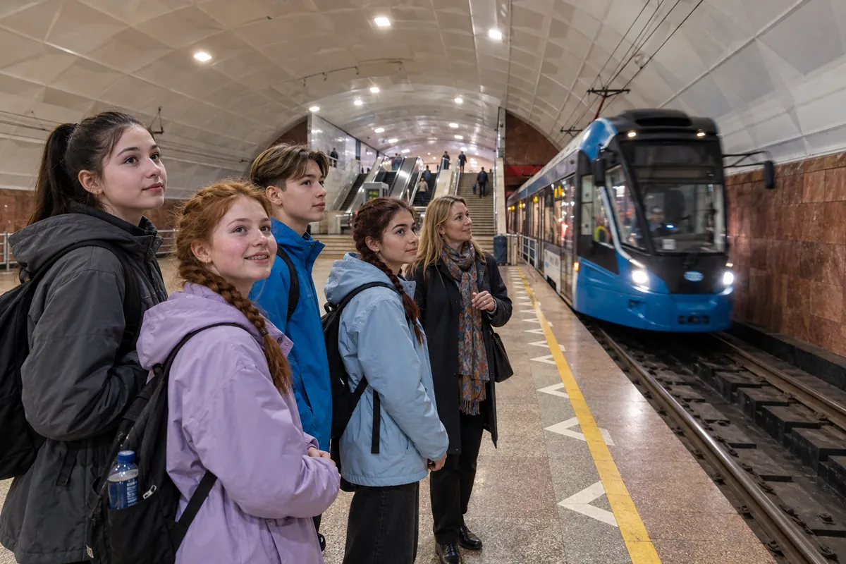 Школьники на подземной станции Метротрама, подходит трамвай