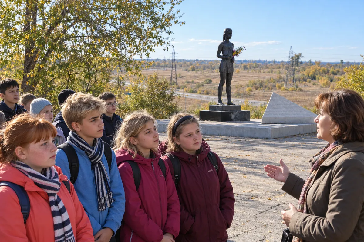 Класс с экскурсоводом у мемориала «Солдатское поле»