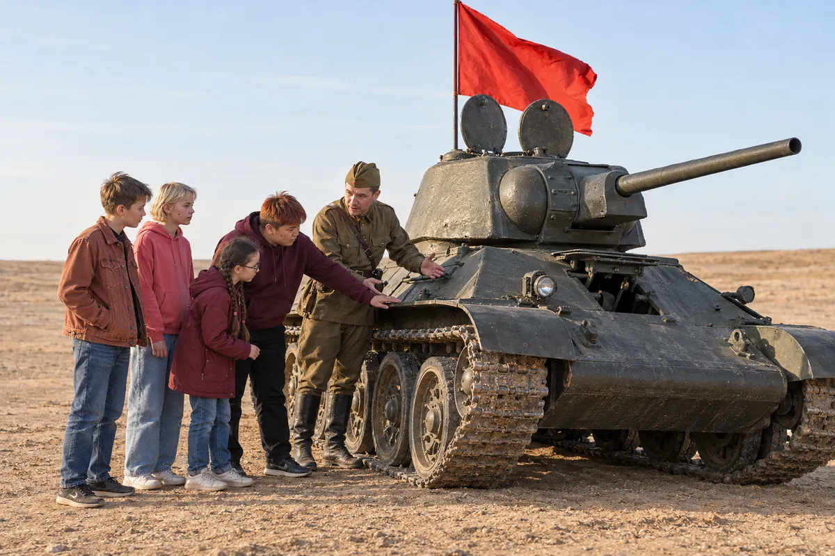 Реконструктор рассказывает школьникам у танка Т-34