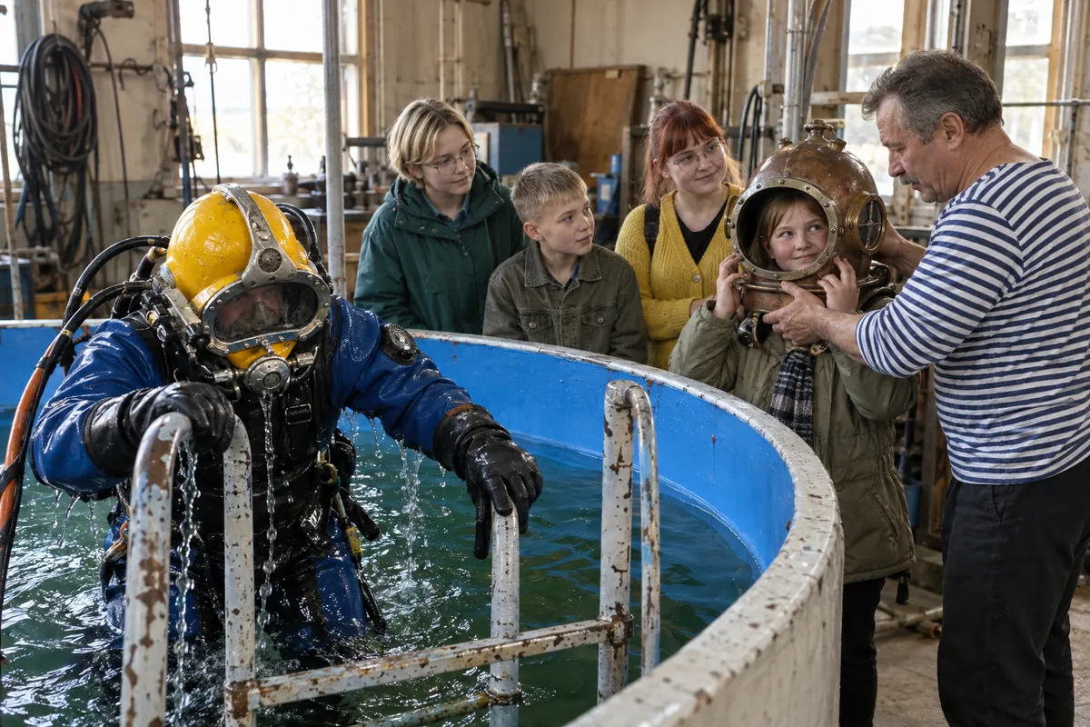 Школьники у бассейна смотрят на водолаза в жёлтом шлеме, девочка примеряет медный шлем