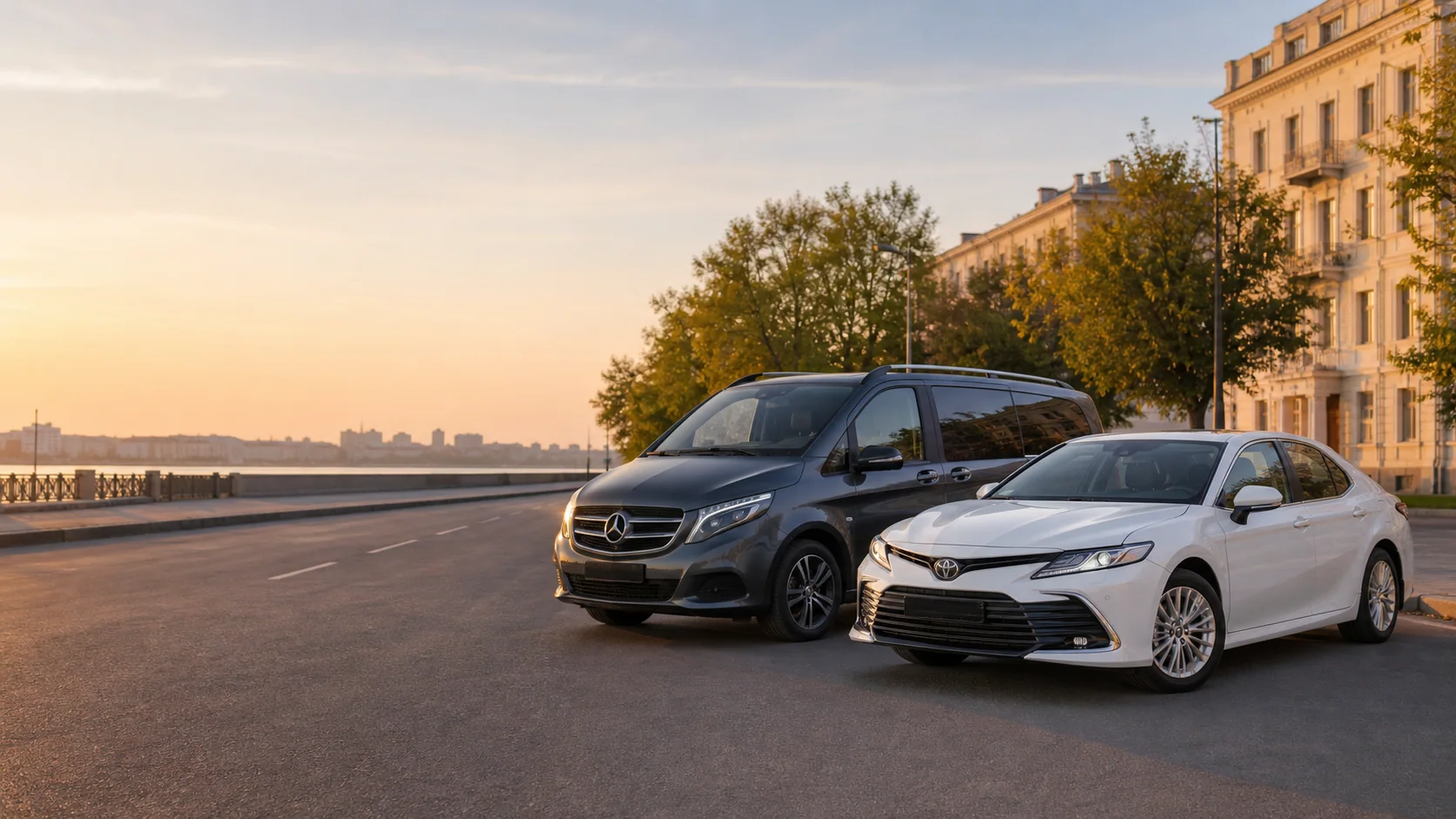 Mercedes-Benz V-Klasse und Toyota Camry vor der Uferpromenade von Wolgograd